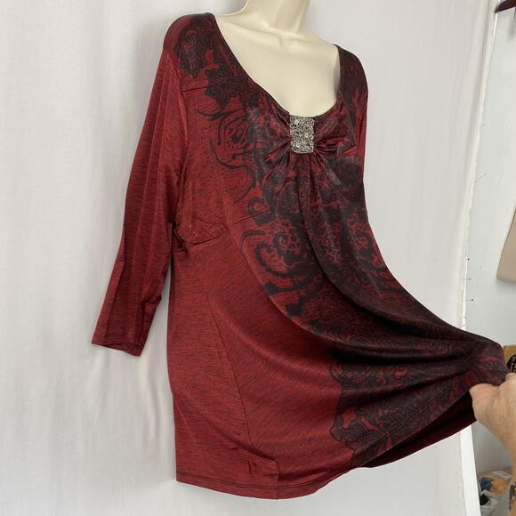 One World Tunic Top Womens 3X Red Black Embellished Flowy Boho Whimsigoth Witchy - Picture 2 of 15